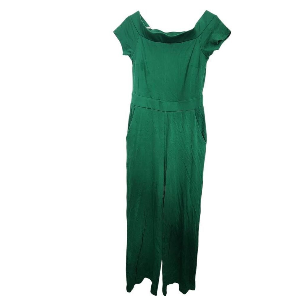 New York & Company green knit of shoulder‎ Jumpsuit pockets wide leg size small